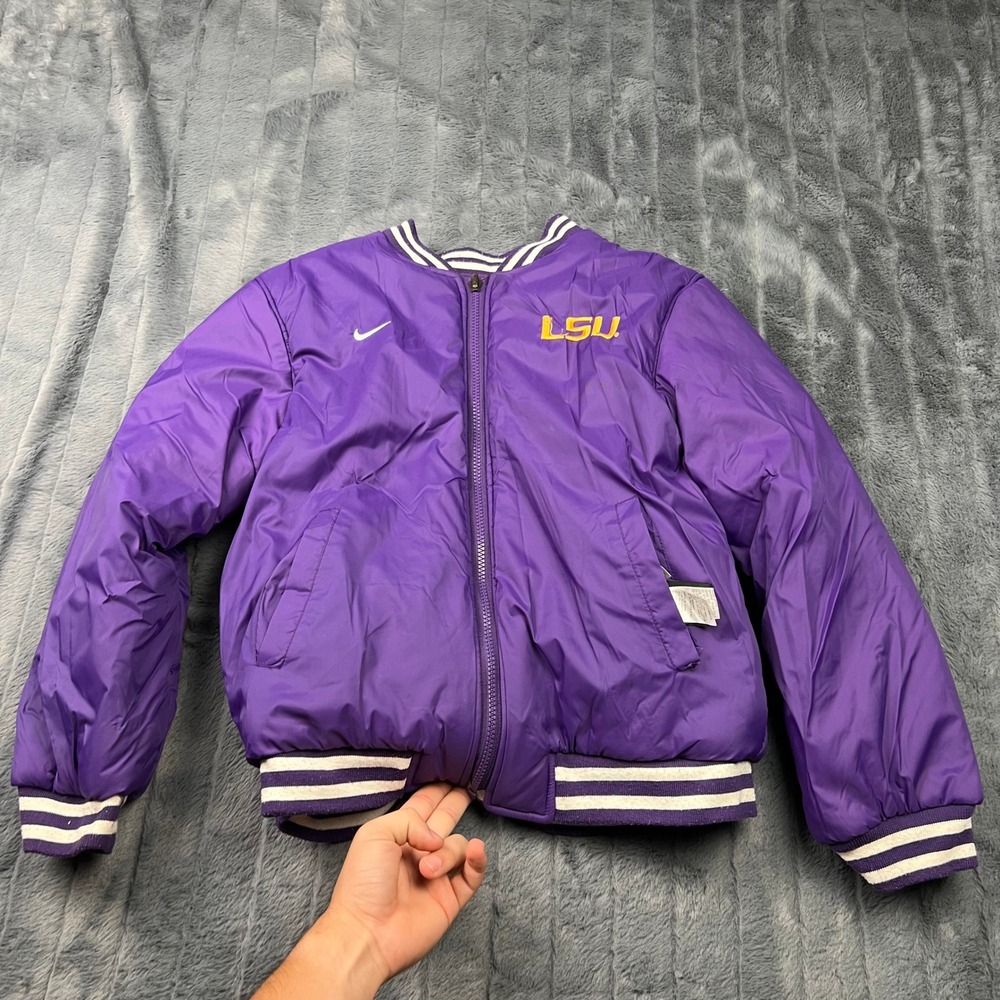 Nike Team LSU Tigers Reversible Varsity Jacket Kids Medium Purple Wool Bomber